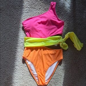 Bold One-Shoulder Swimsuit in Pink, Yellow, and Orange